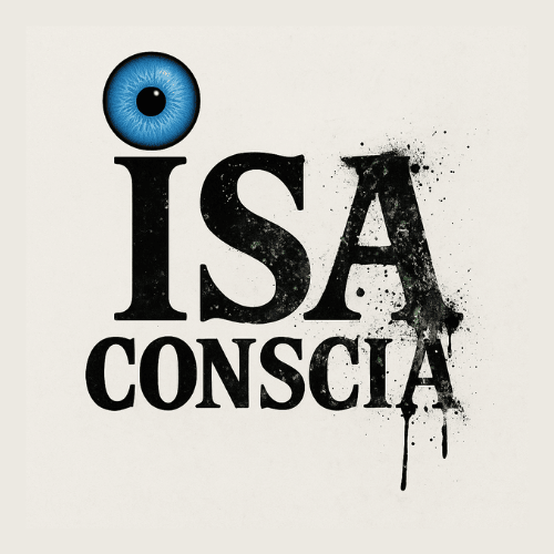 Logo for political street artist Isa Conscia featuring a blue eye above the word ‘ISA’ in bold serif font with textured paint splatters and drips, and the word ‘CONSCIA’ below in black uppercase type.
